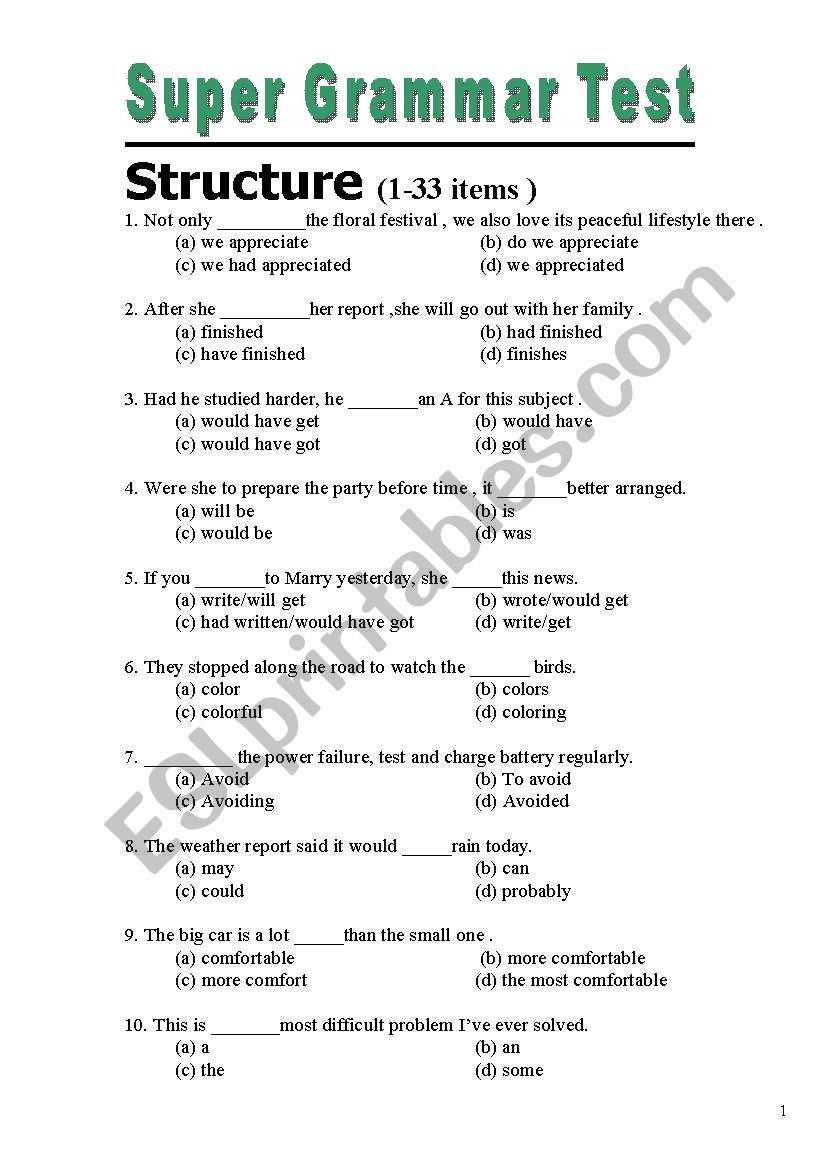 Super Grammar Test (1-33items) 4pages, very very various various various gramars to practise ^^ LetÂ´s load